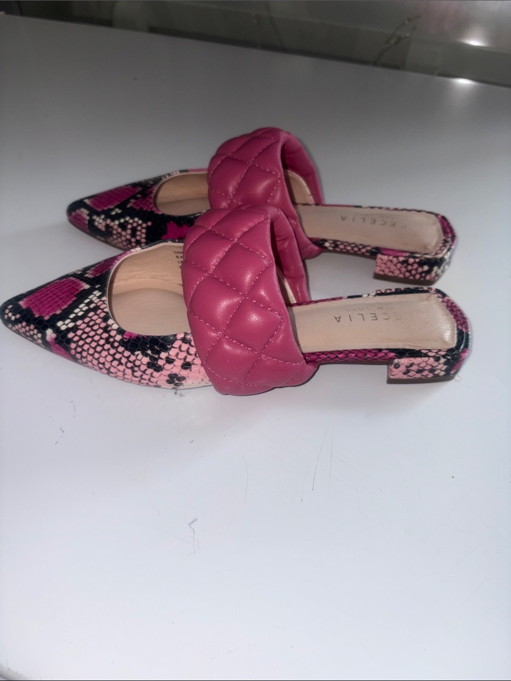 CECELIA NEW YORK Pink Quilted Slide Mules with Snake-Print Trim